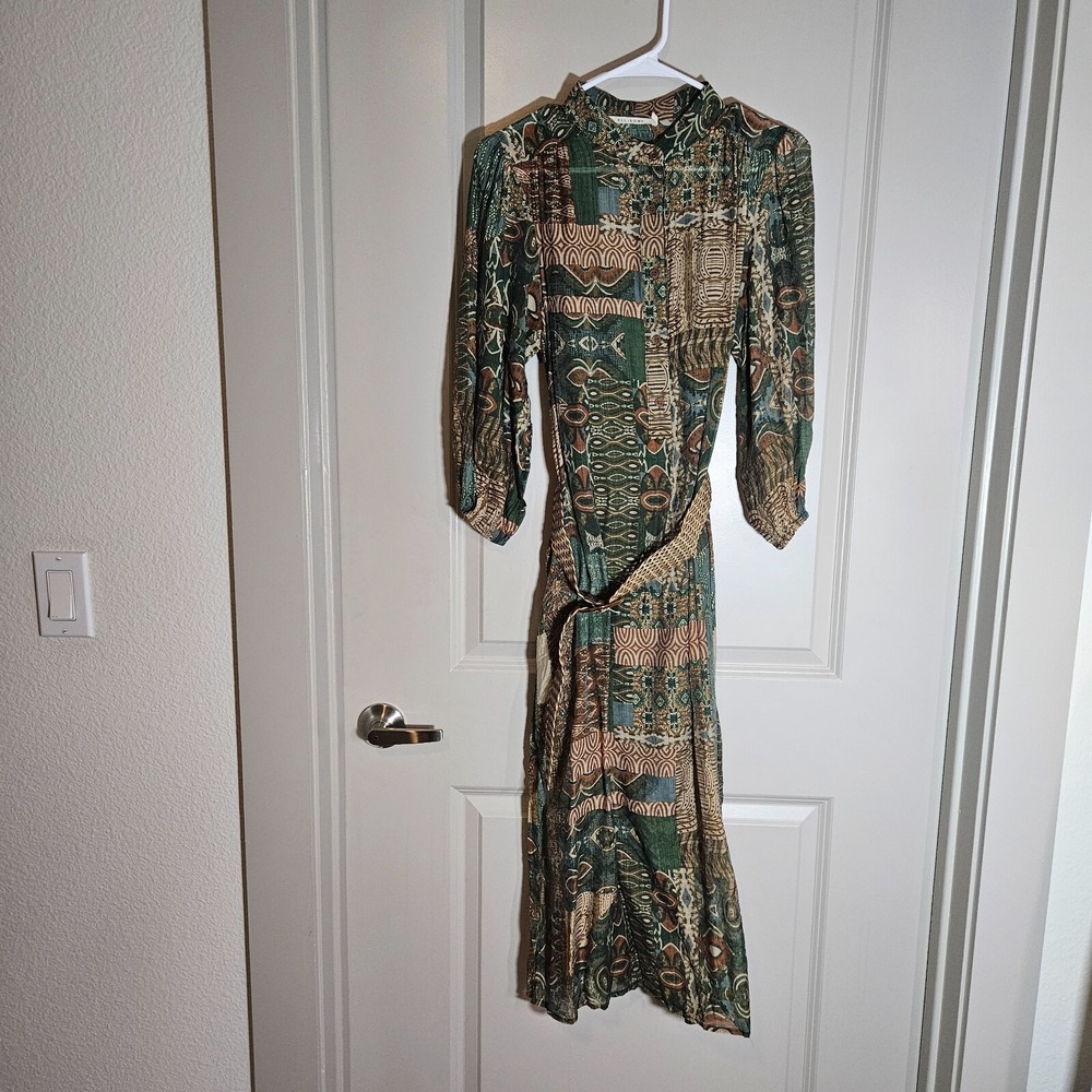 NWOT Ellison Midi Dress Medium w Belt and Inner Slip Geometric Print Green Brown